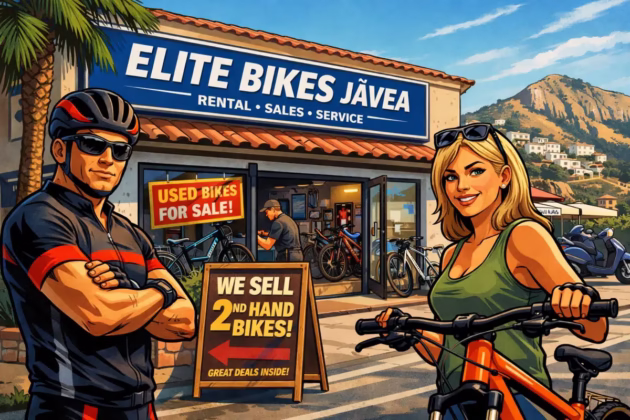 GTA style illustration of Elite Bikes Jávea shop with sign selling second hand bikes, Elite Bikes Jávea bike shop illustration showing second hand bikes for sale, Second hand bikes for sale at Elite Bikes Jávea GTA style artwork, Used bikes in Jávea at Elite Bikes shop illustrated in GTA style, Elite Bikes Jávea storefront with second hand bicycles sign