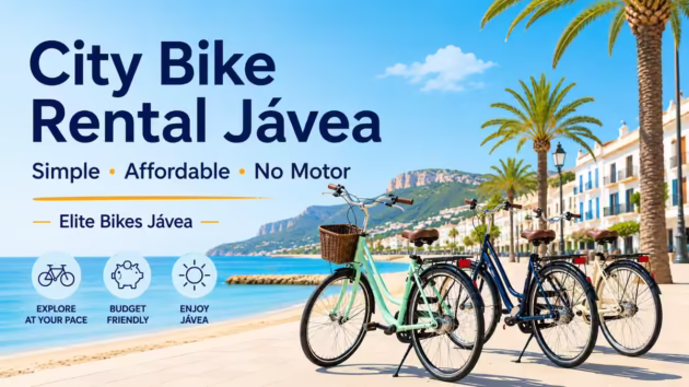 Normal city bikes for rent in Jávea on a sunny seaside promenade